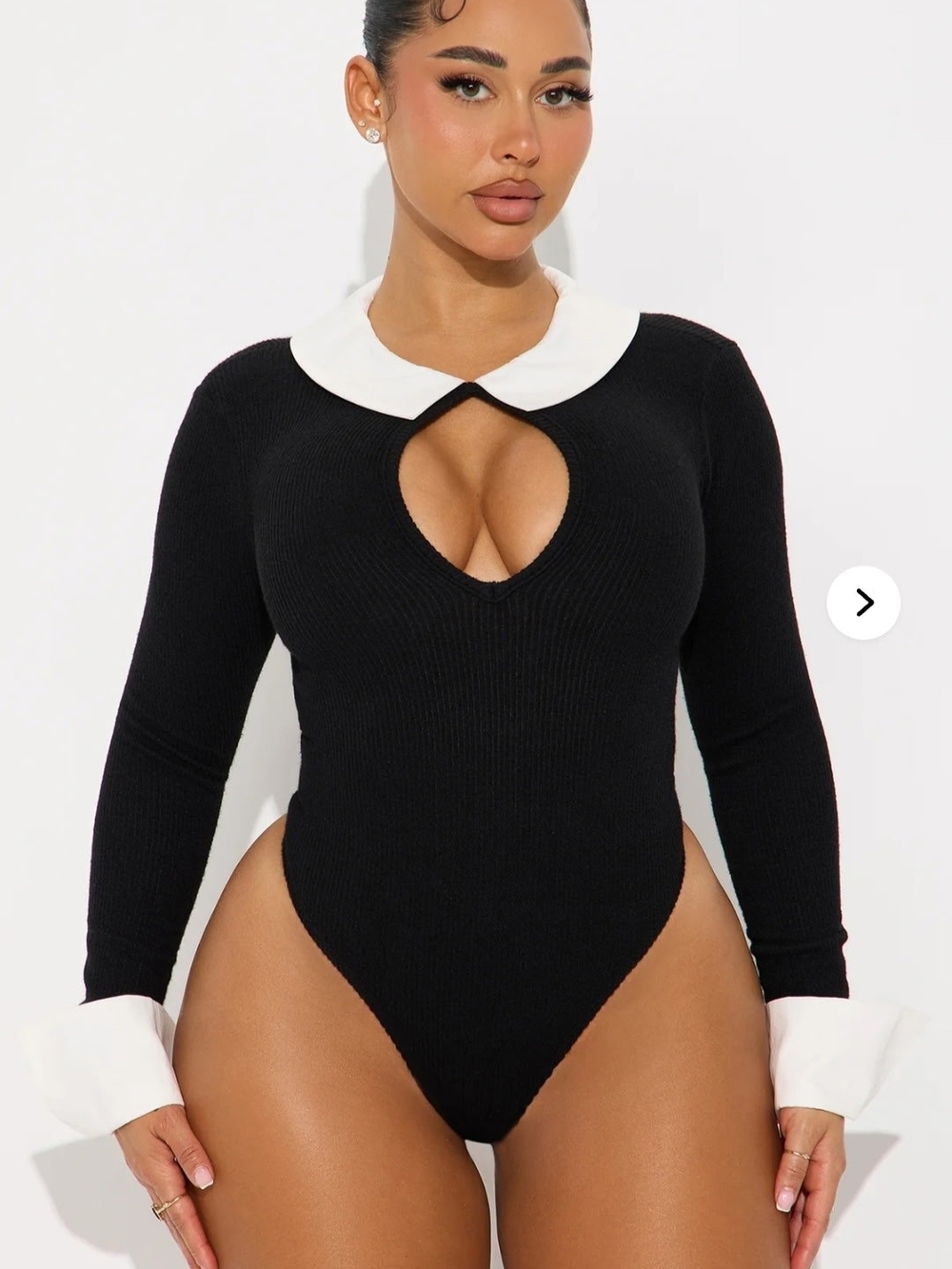 Fashion Nova Black Bodysuit with White Collar & Cuff Accents